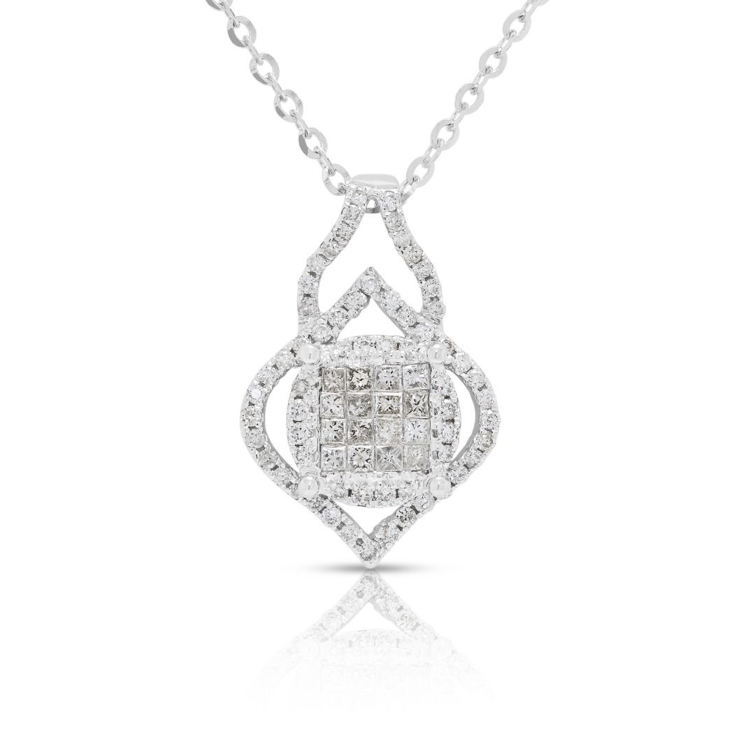 Brilliant 1.13ct Princess-Cut and Round Diamonds Cluster Necklace in 18K White Gold (New)