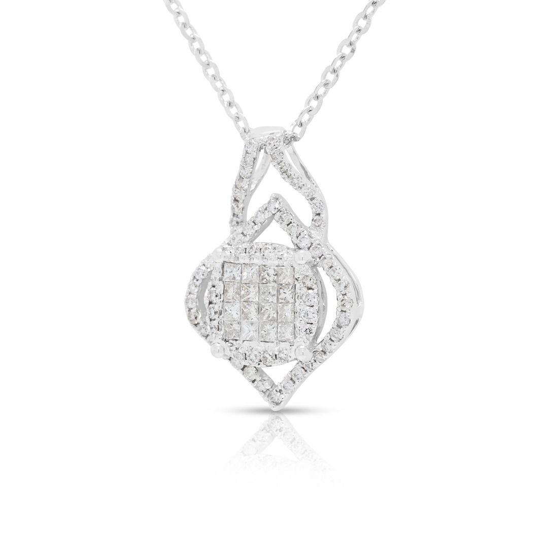 Brilliant 1.13ct Princess-Cut and Round Diamonds Cluster Necklace in 18K White Gold (New)