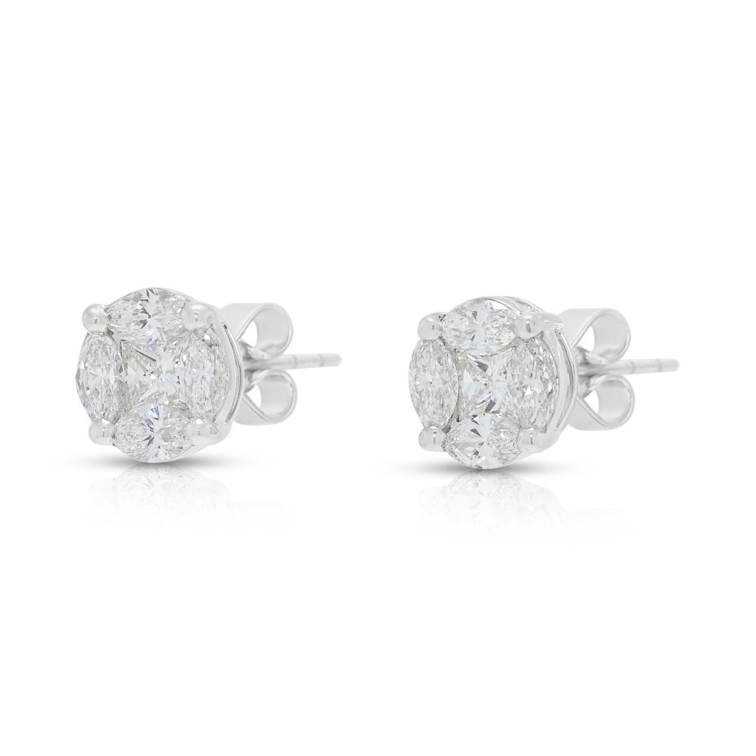 Brilliant 2.10ct Natural Diamond Cluster Stud Earrings in 18K White Gold