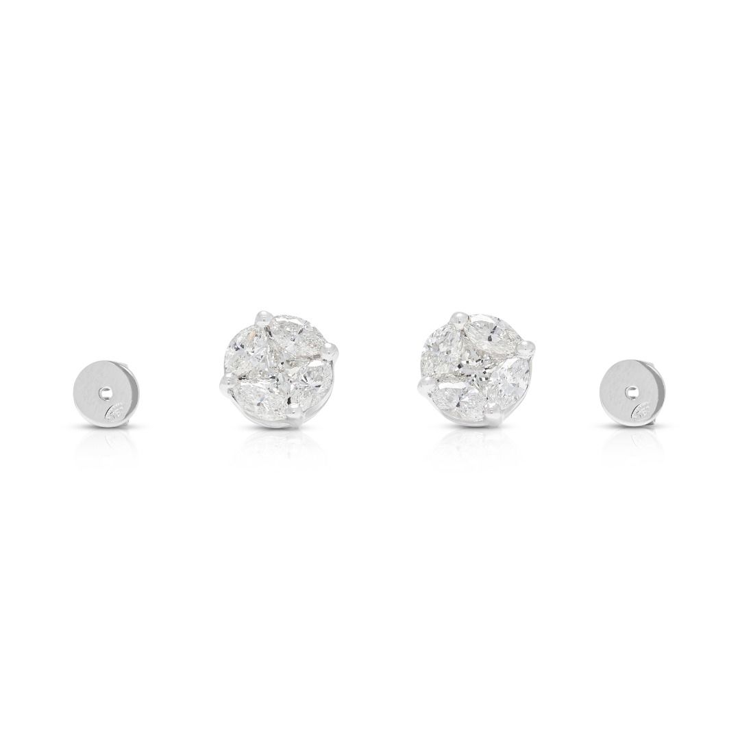 Brilliant 2.10ct Natural Diamond Cluster Stud Earrings in 18K White Gold