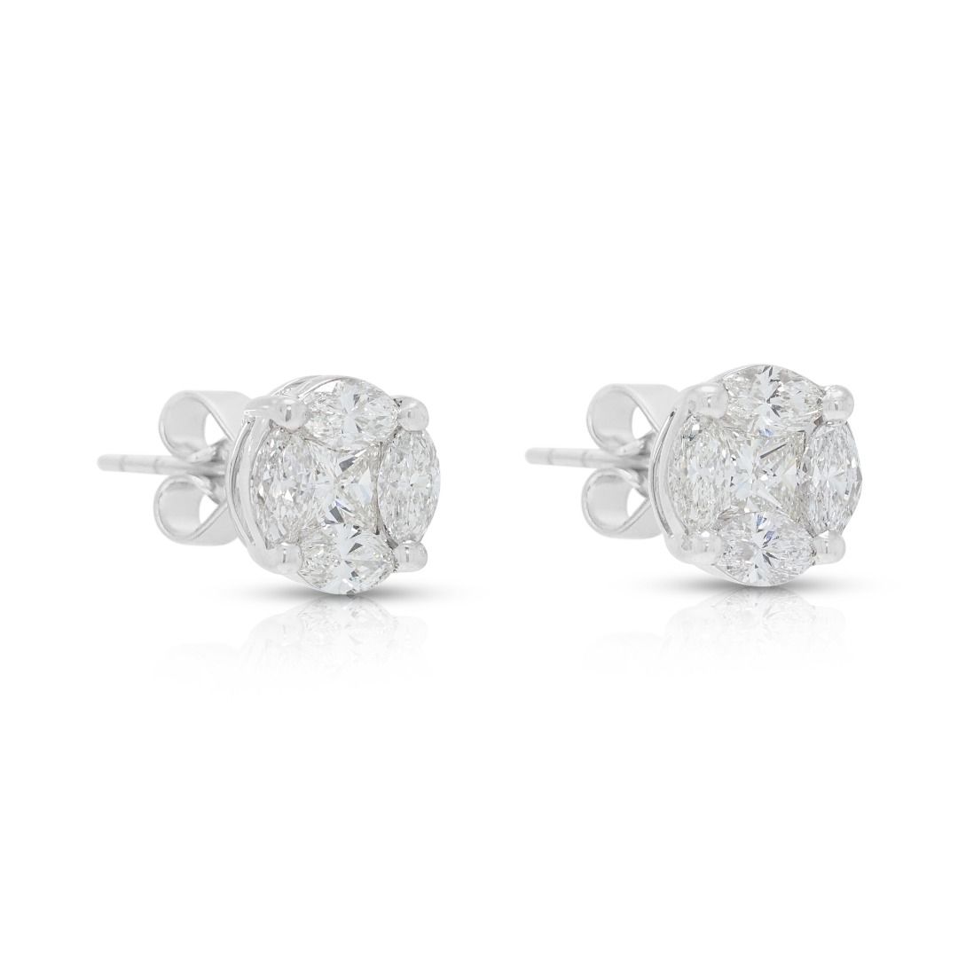 Brilliant 2.10ct Natural Diamond Cluster Stud Earrings in 18K White Gold