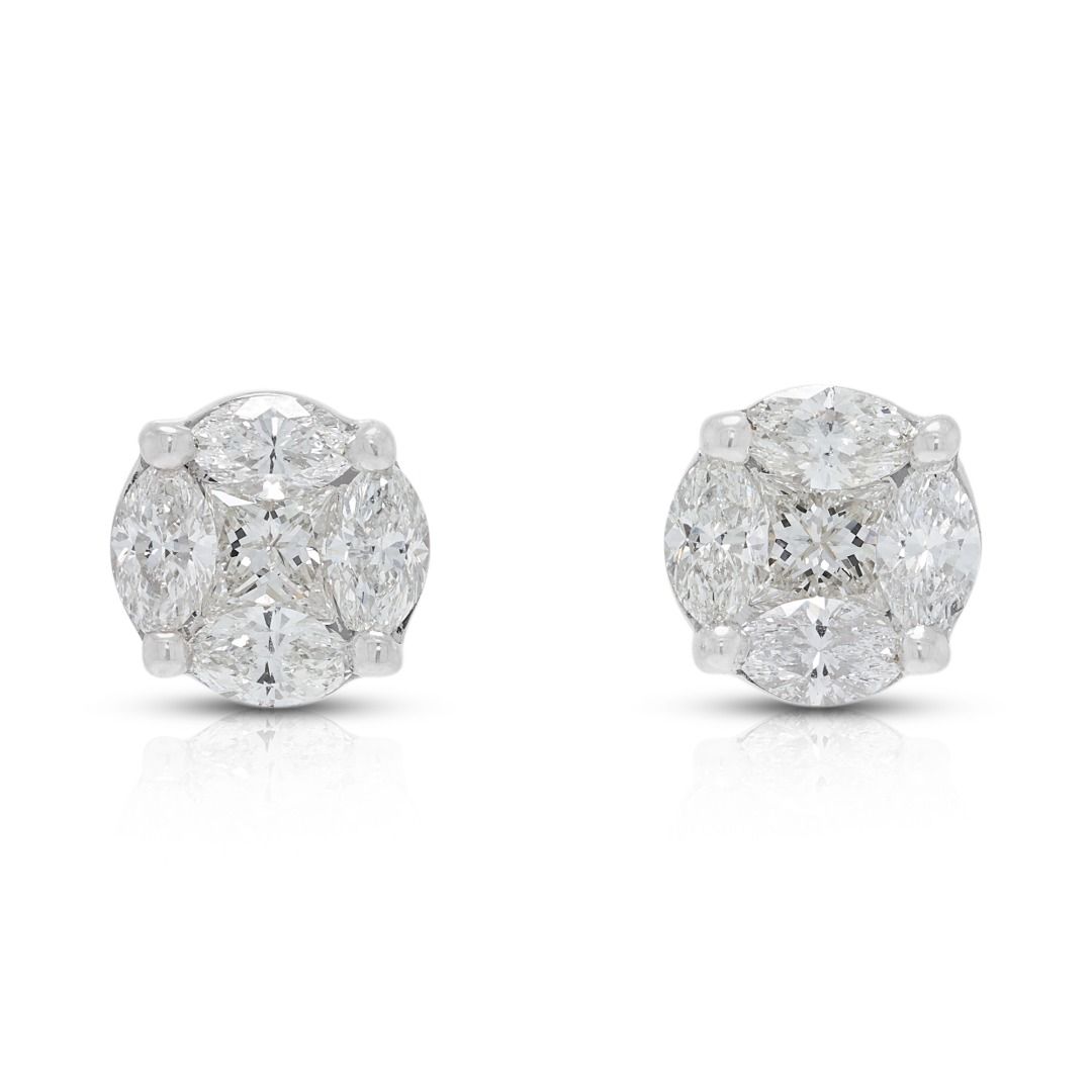 Brilliant 2.10ct Natural Diamond Cluster Stud Earrings in 18K White Gold