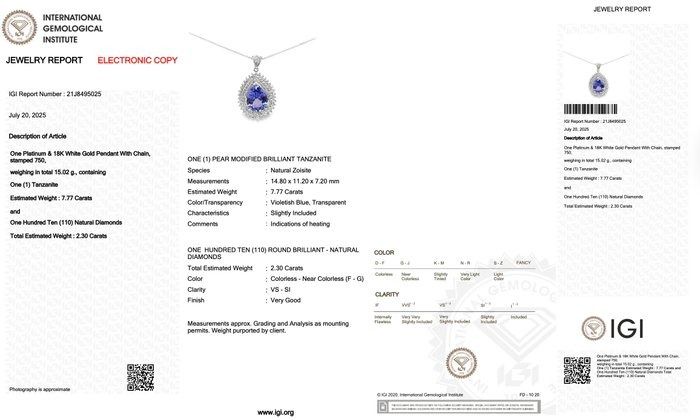 Captivating 10.07ct Tanzanite and Diamonds Necklace in Platinum & 18k White Gold - IGI Certified