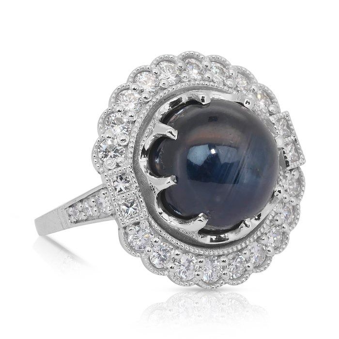 Captivating 14.00ct Sapphire and Diamonds Cocktail Ring in 18k White Gold - GIA Certified