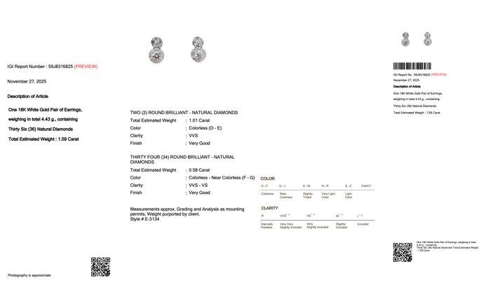 Captivating 1.59ct Diamonds Earrings in 18k White Gold - IGI Certified