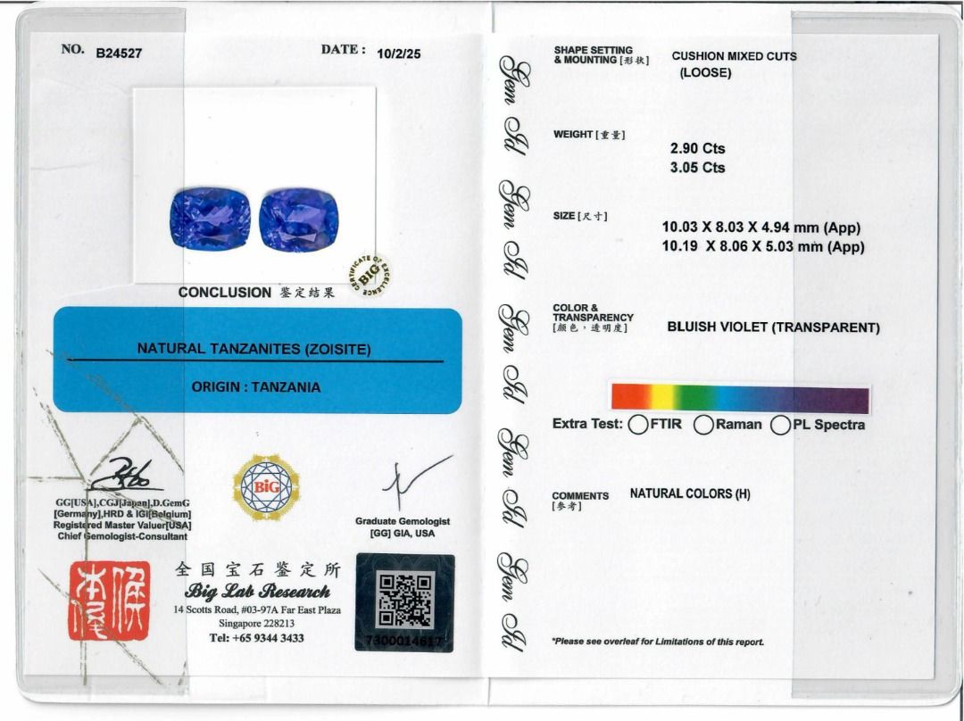 Captivating 5.95ct Pair of Natural Bluish Violet Cushion-Cut Tanzanites - BIG Certified