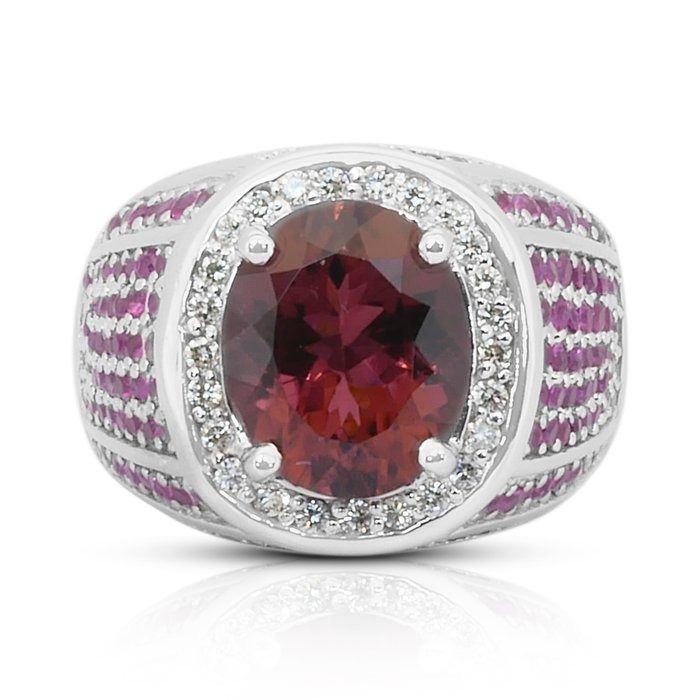 Captivating 7.40ct Rubellite, Sapphires and Diamonds Cocktail Ring in 14k White Gold - IGI Certified
