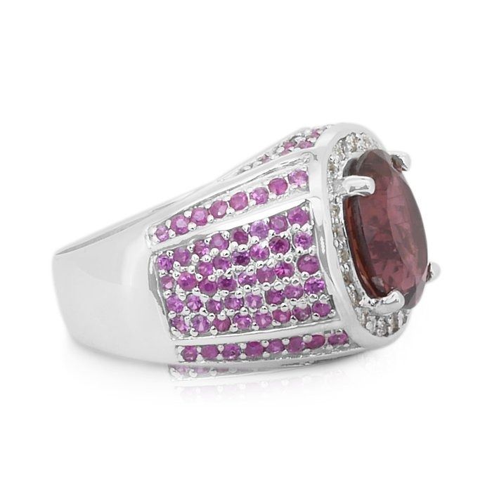 Captivating 7.40ct Rubellite, Sapphires and Diamonds Cocktail Ring in 14k White Gold - IGI Certified