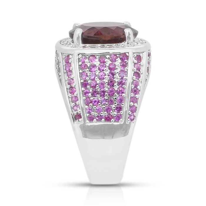 Captivating 7.40ct Rubellite, Sapphires and Diamonds Cocktail Ring in 14k White Gold - IGI Certified