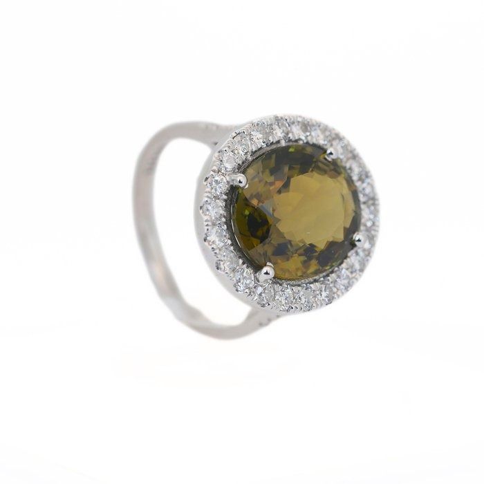 Captivating 8.23ct Chrysoberyl and Diamonds Cluster Ring in 14k White Gold - GIA Certified