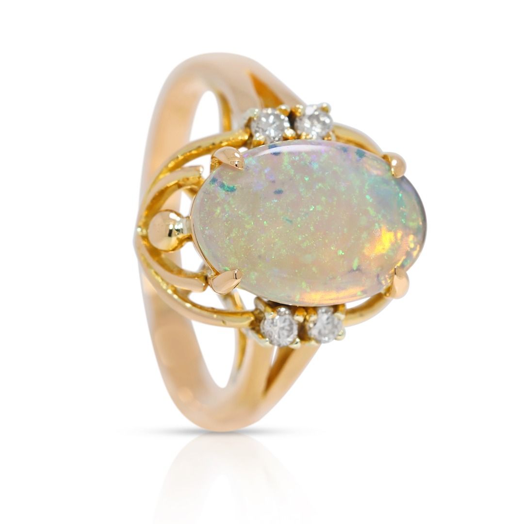 Captivating Blue Opal & 0.06ct Natural Diamond Ring in 20K Yellow Gold