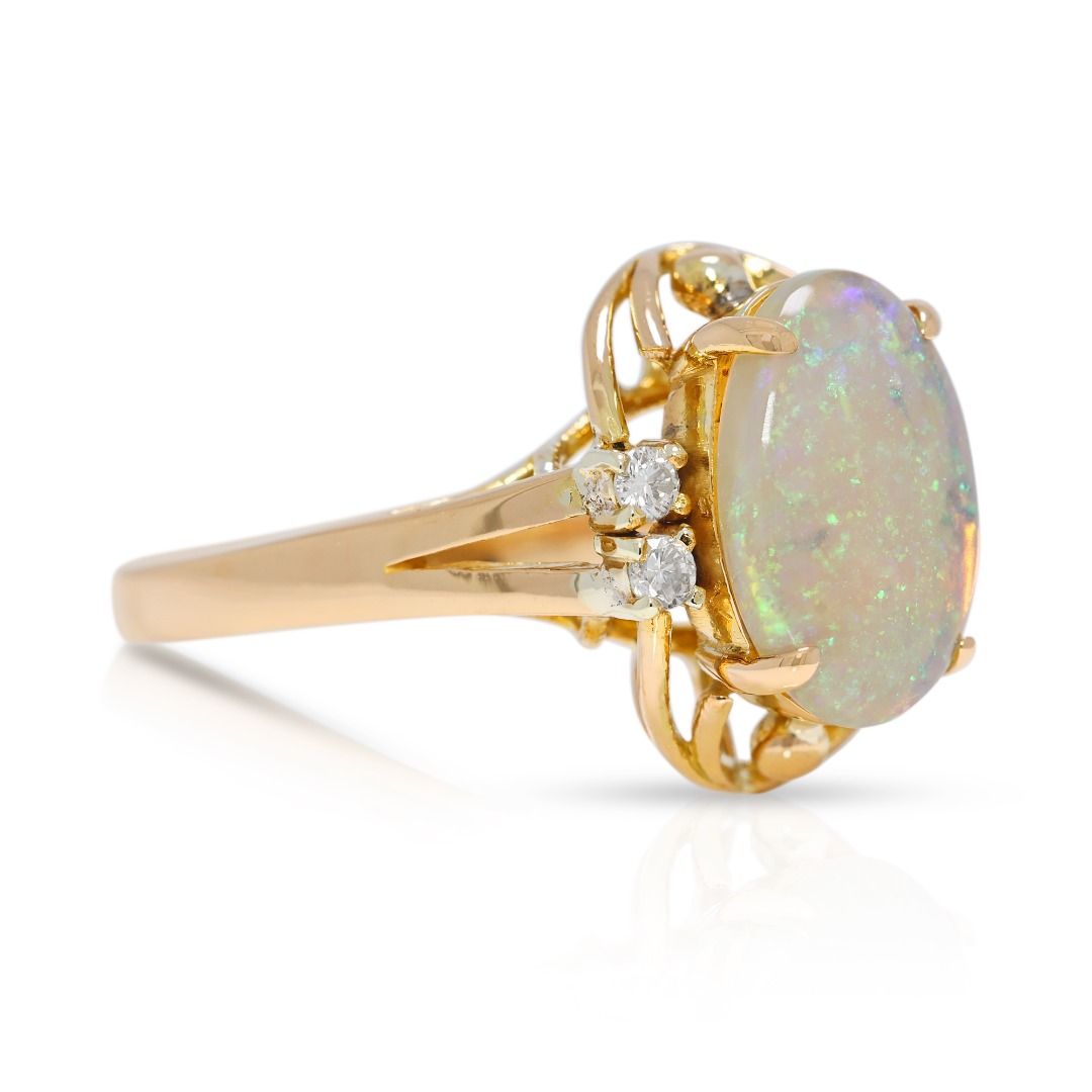 Captivating Blue Opal & 0.06ct Natural Diamond Ring in 20K Yellow Gold