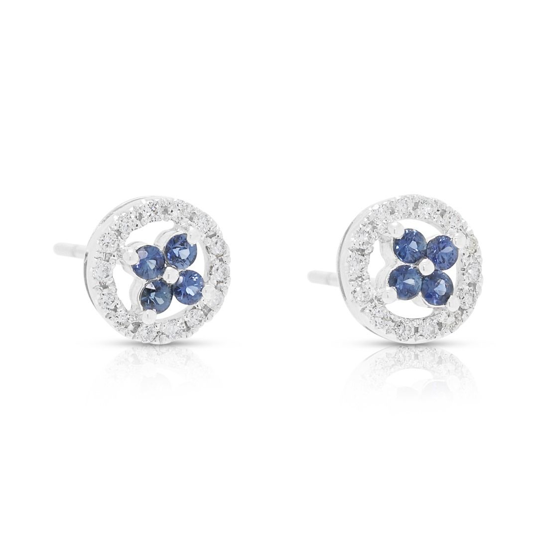 Charming 0.13ct Sapphire & Diamond Halo Stud Earrings in 9K White Gold with 14K Backing