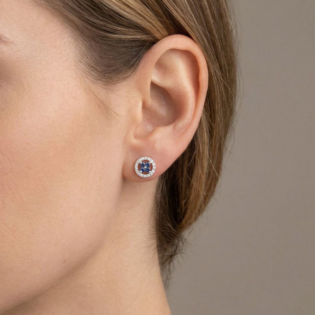 Charming 0.13ct Sapphire & Diamond Halo Stud Earrings in 9K White Gold with 14K Backing