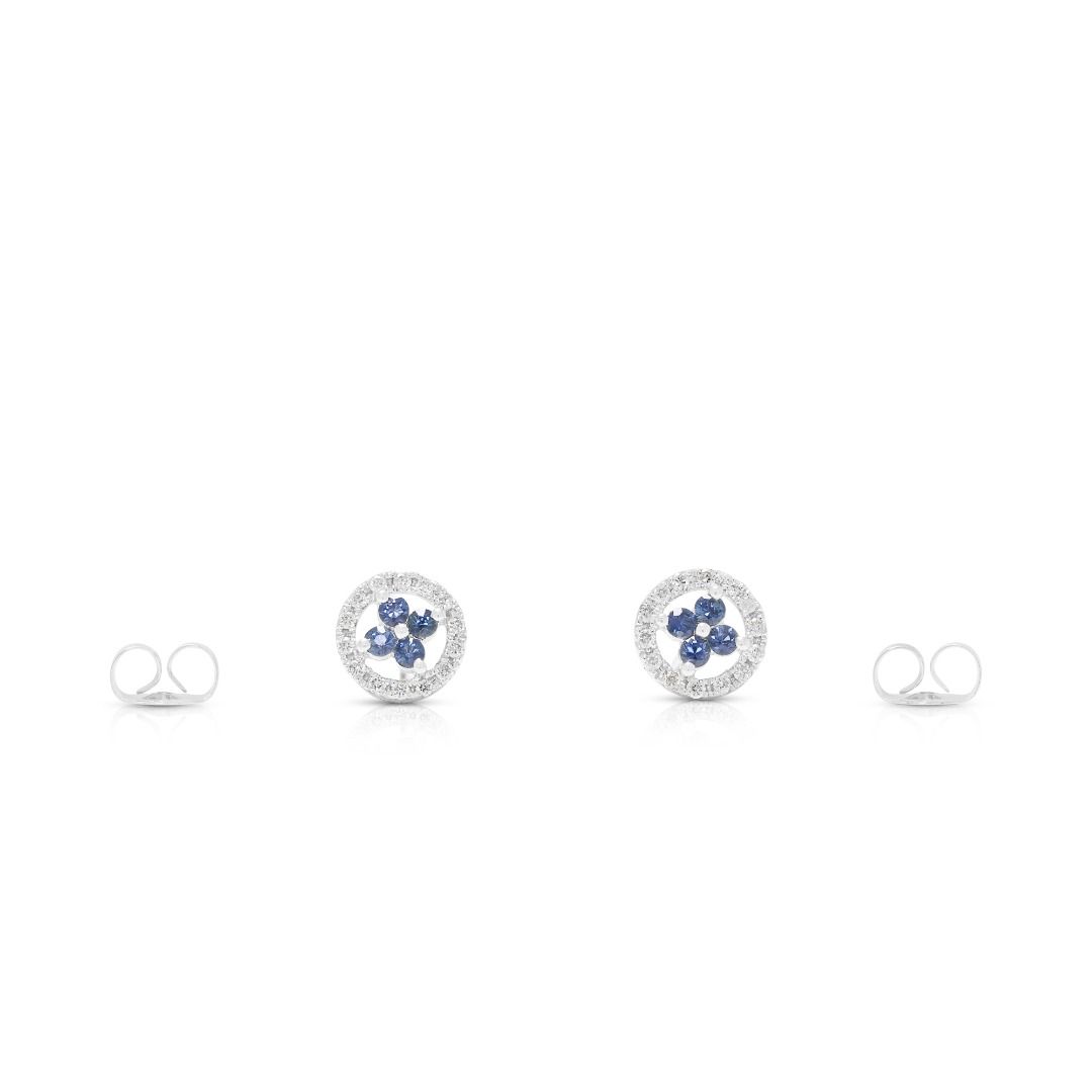 Charming 0.13ct Sapphire & Diamond Halo Stud Earrings in 9K White Gold with 14K Backing