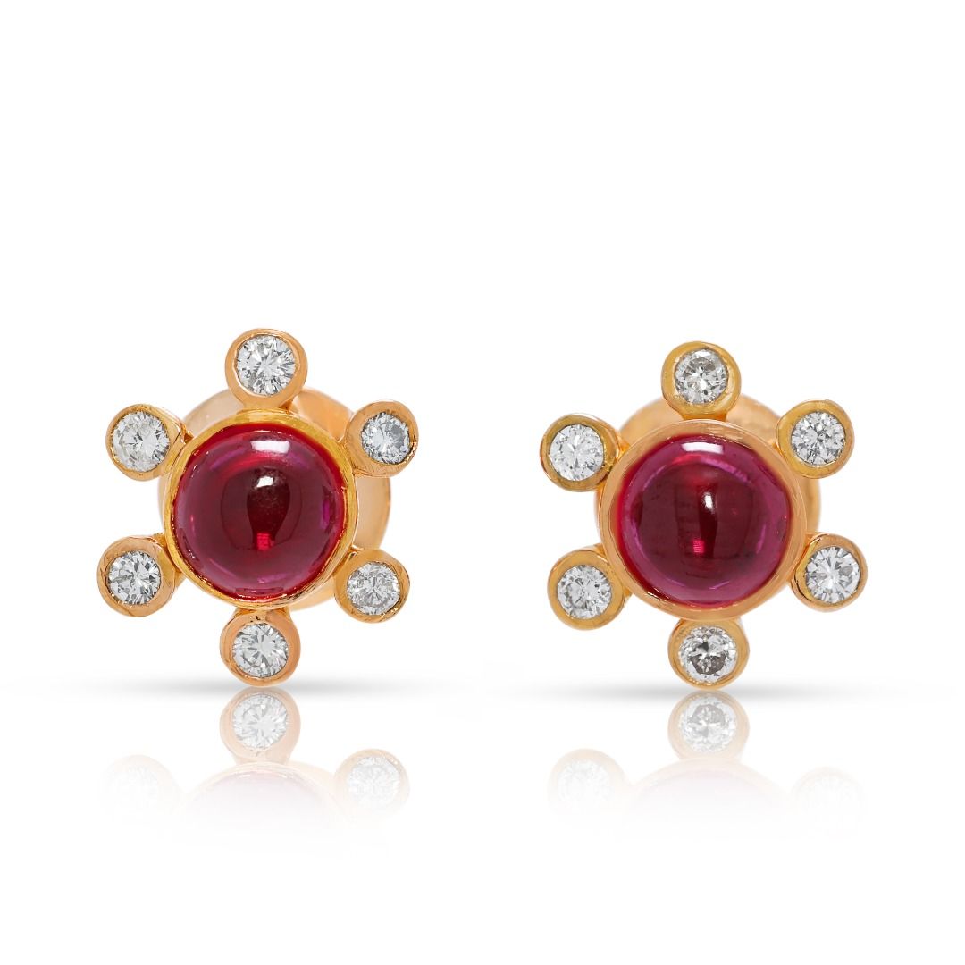 Charming 1.30ct Ruby & Diamond Floral Studs in 18K Yellow Gold