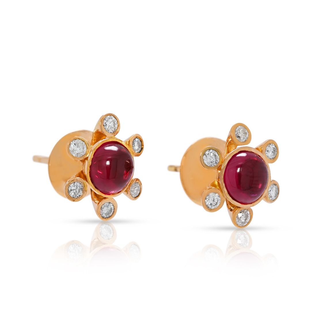 Charming 1.30ct Ruby & Diamond Floral Studs in 18K Yellow Gold