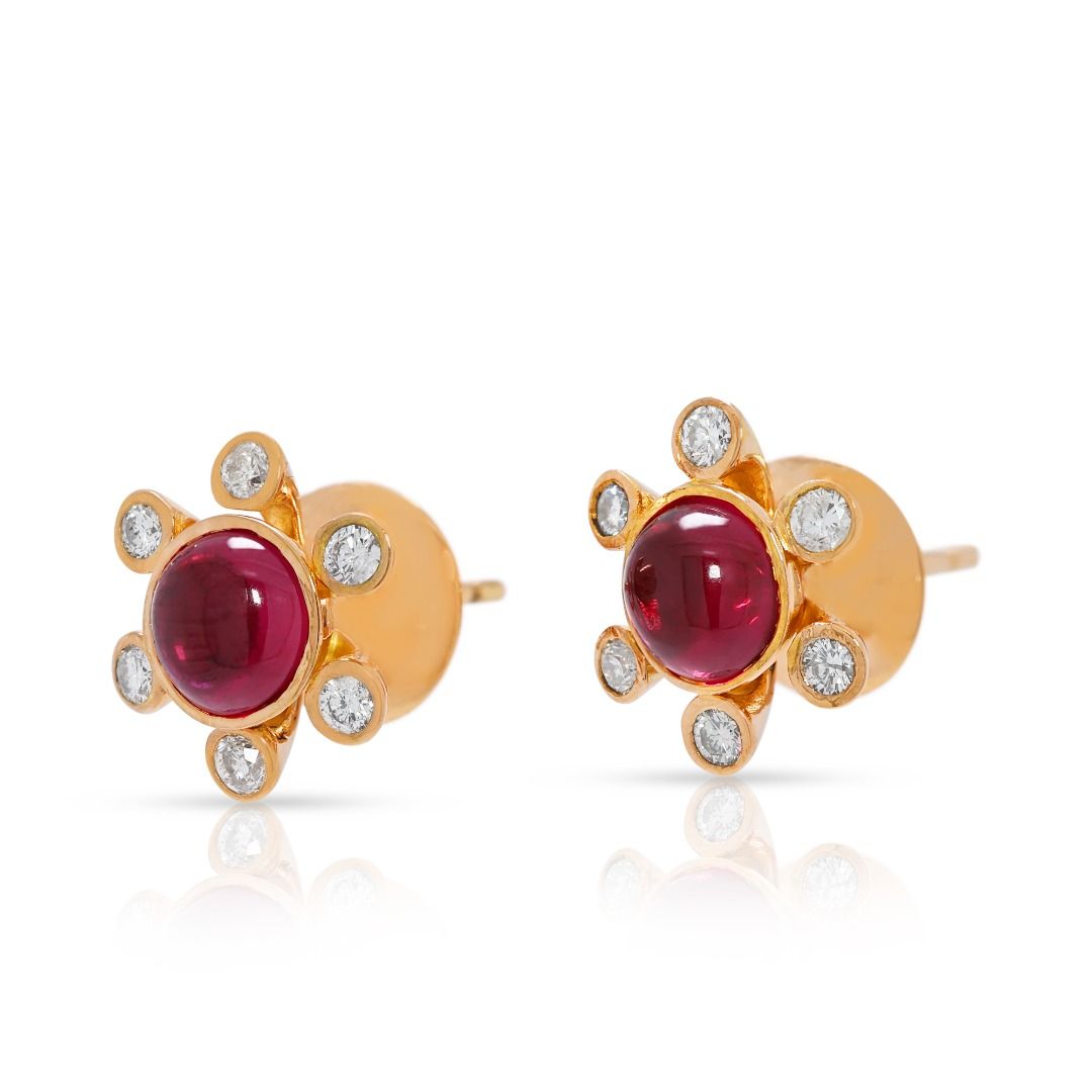 Charming 1.30ct Ruby & Diamond Floral Studs in 18K Yellow Gold
