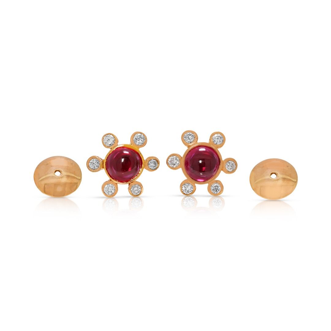 Charming 1.30ct Ruby & Diamond Floral Studs in 18K Yellow Gold