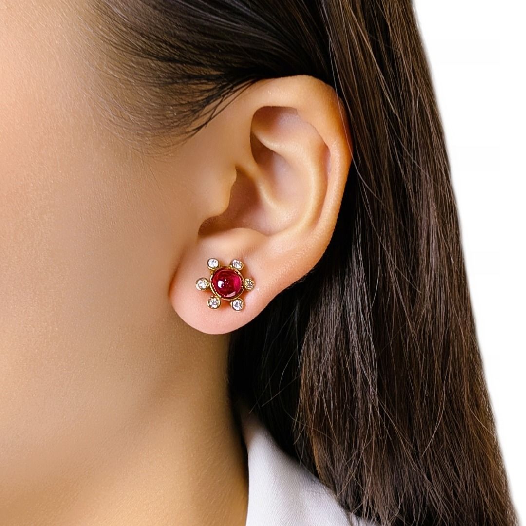 Charming 1.30ct Ruby & Diamond Floral Studs in 18K Yellow Gold