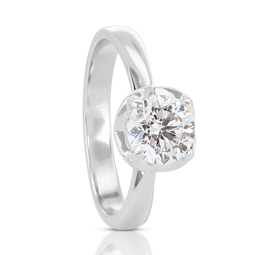 Classic 0.90ct Round Brilliant Natural Diamond Solitaire Ring in 18K White Gold