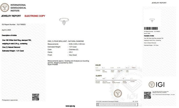 Classic 1.01ct Diamond Solitaire Ring in 18k White Gold - IGI Certified