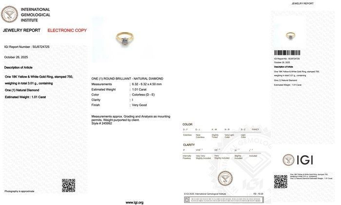 Classic 1.01ct Diamond Solitaire Ring in 18k White & Yellow Gold - IGI Certified