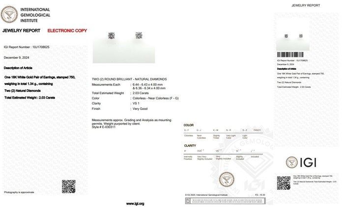 Classic 2.03ct Diamonds Stud Earrings in 18k White Gold - IGI Certified