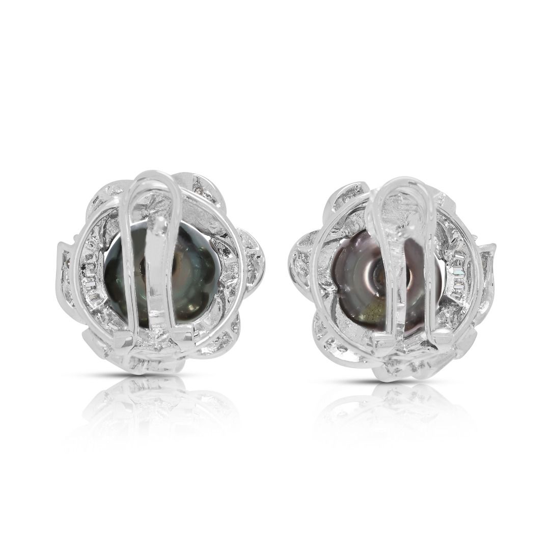 Classic Tahitian Pearl & 0.43ct Natural Diamond Earrings in 18K White Gold (New)