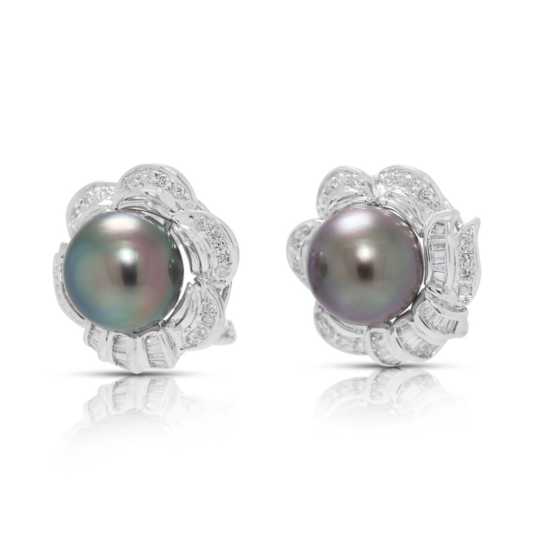 Classic Tahitian Pearl & 0.43ct Natural Diamond Earrings in 18K White Gold (New)