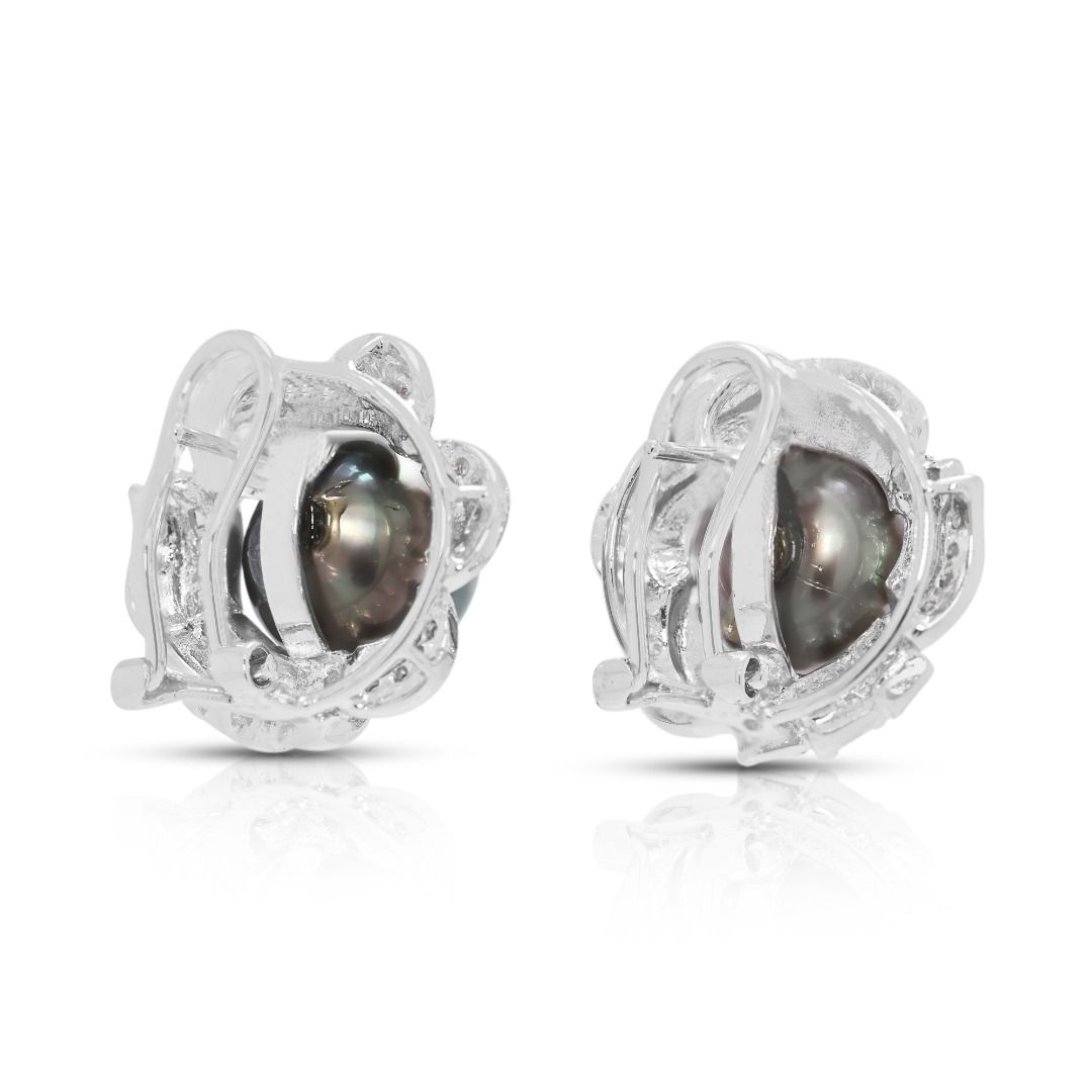 Classic Tahitian Pearl & 0.43ct Natural Diamond Earrings in 18K White Gold (New)