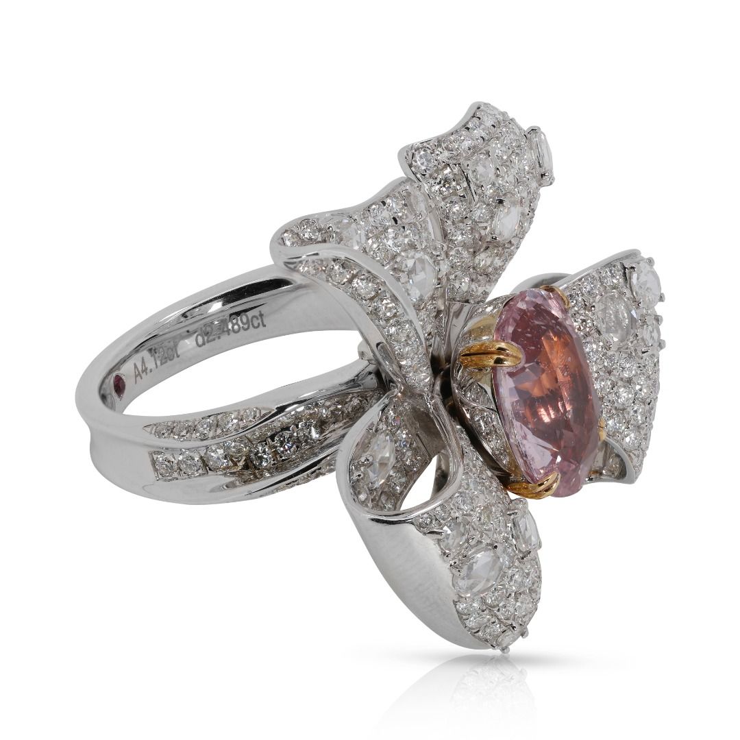 Convertible 8 carats Padparadscha and Natural Diamond Ring/Pendant in 18K White Gold with TGL