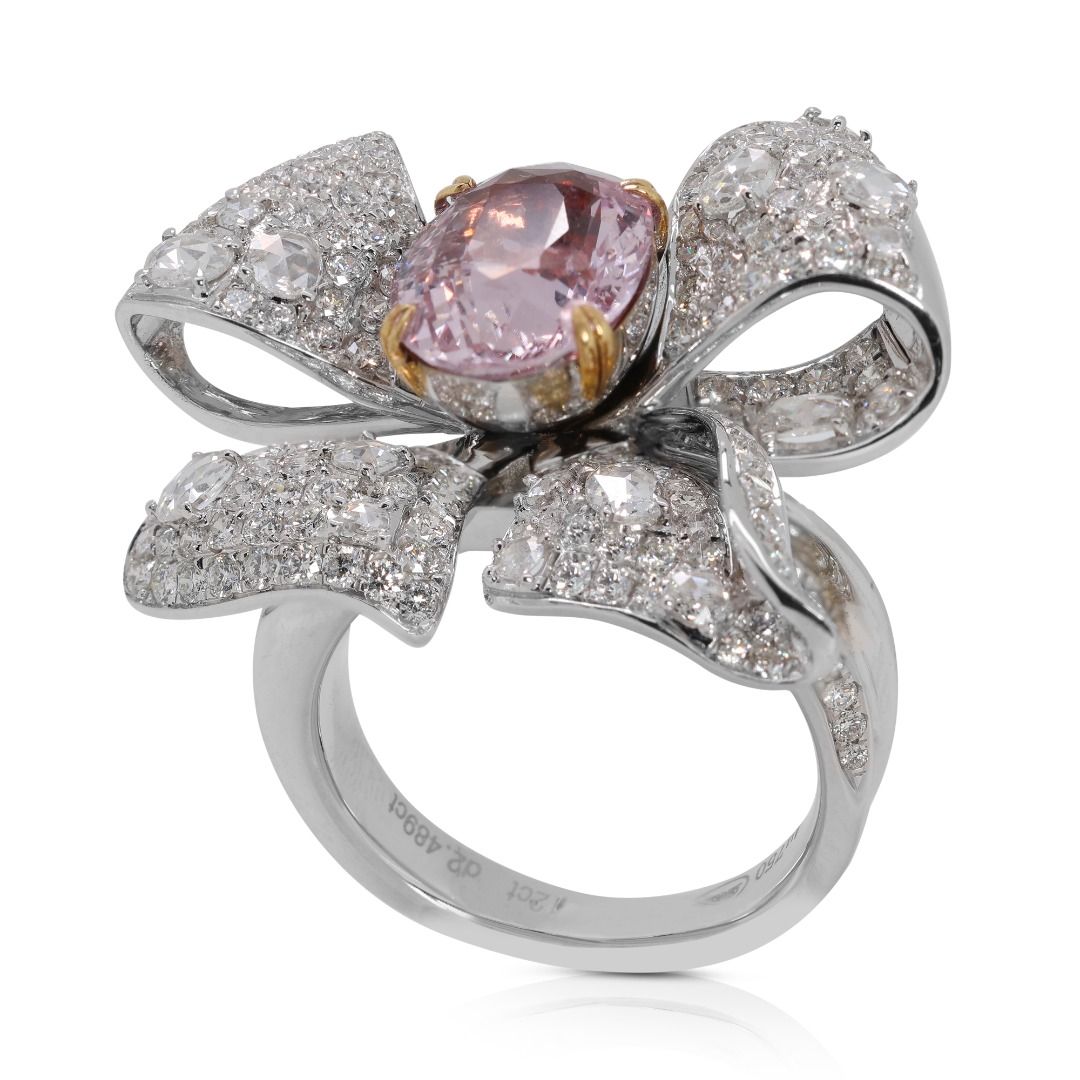 Convertible 8 carats Padparadscha and Natural Diamond Ring/Pendant in 18K White Gold with TGL