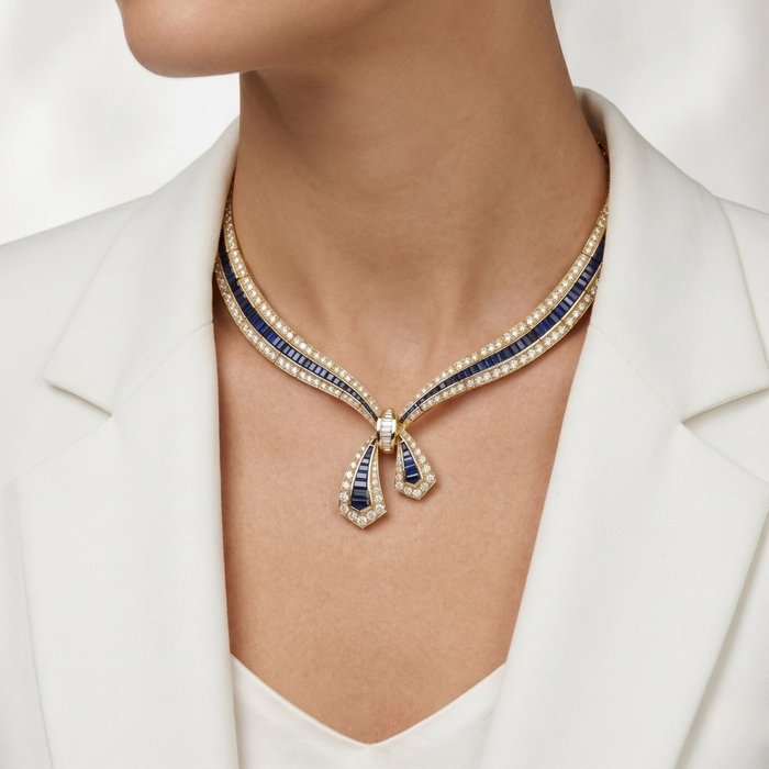 10.24 Carats IGI Certified Sapphire and Diamond 18K Yellow Gold Necklace
