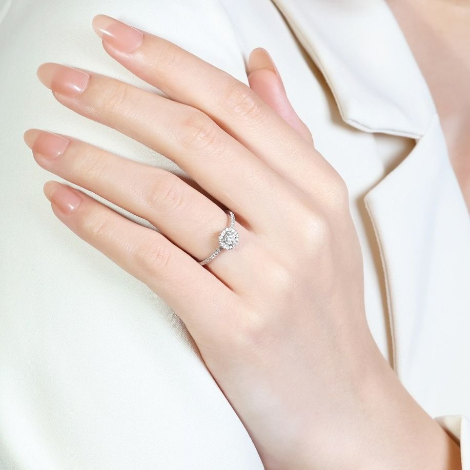 Dazzling 0.17ct Diamond Halo Ring with Side Diamonds in 14k White Gold