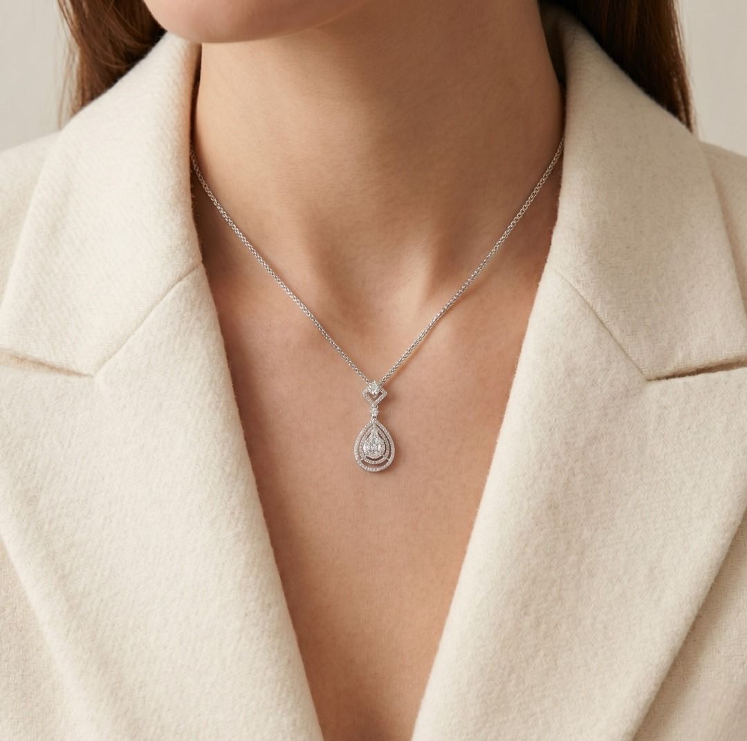 Dazzling 0.67ct Diamonds Double-Halo Pavé Necklace in 18K White Gold (New)