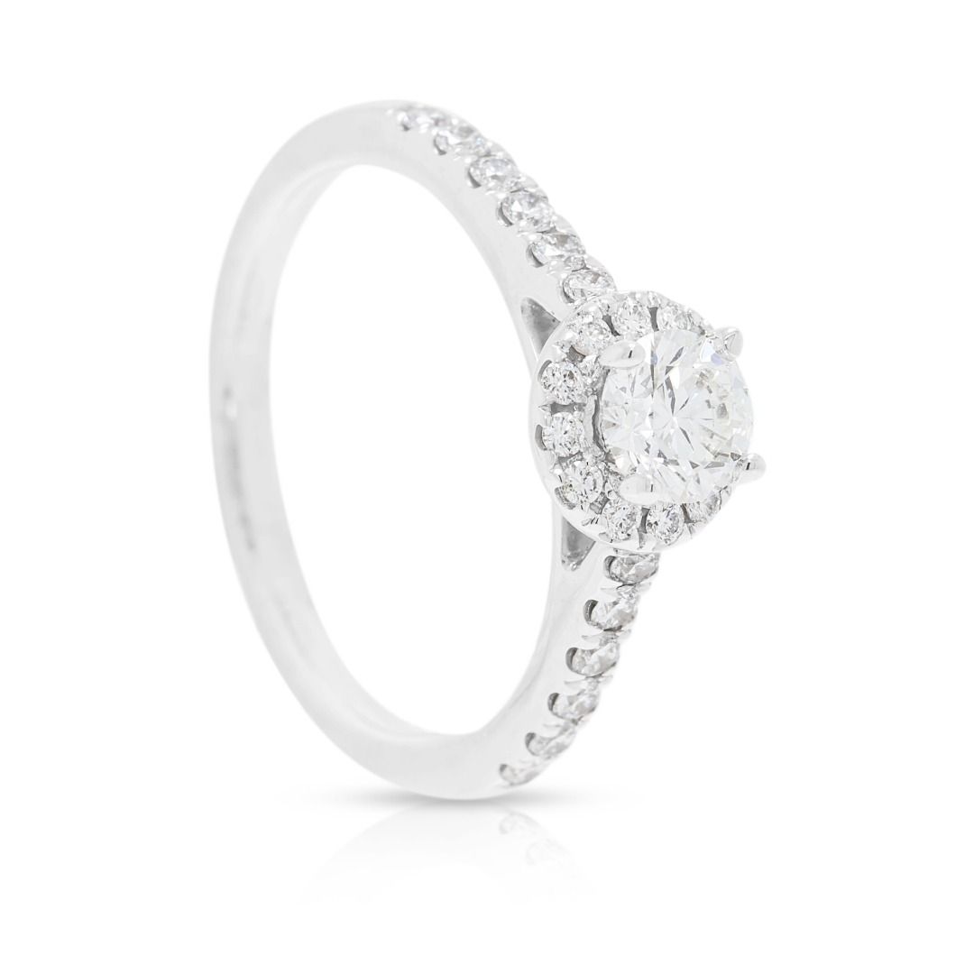 Dazzling 0.71ct Meyson Jewelery Diamond Halo Pave Ring in 18K White Gold - GIA Certified