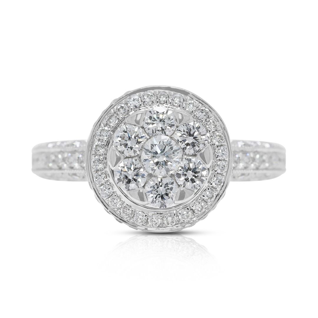 Dazzling 1.01ct Natural Diamond 18K White Gold Halo Pave Ring