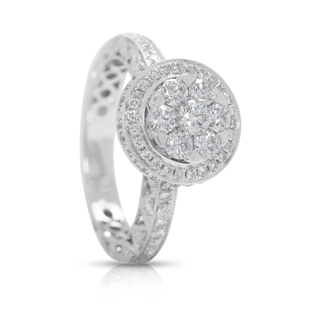 Dazzling 1.01ct Natural Diamond 18K White Gold Halo Pave Ring