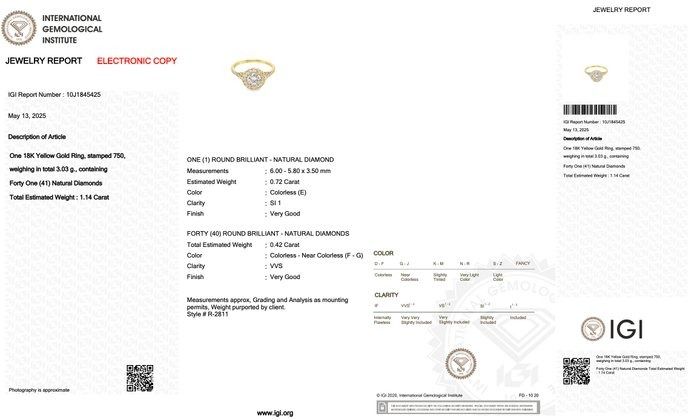 Dazzling 1.14ct Diamonds Halo Ring in 18k Yellow Gold - IGI Certified