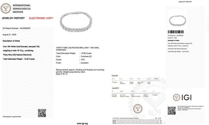 Dazzling 12.80ct Diamonds Tennis Bracelet in 18k White Gold - IGI Certified