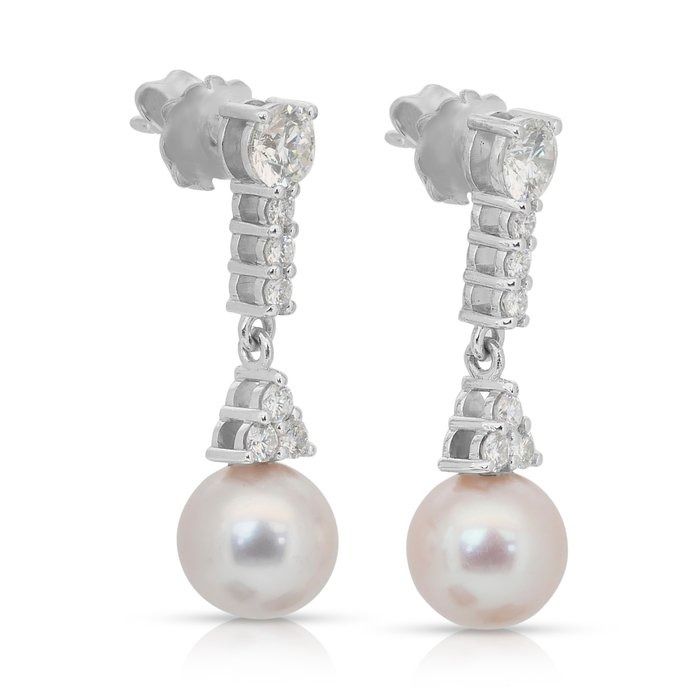 Dazzling 24.87ct Fresh Water Cultured Pearls and Diamonds Drop Earrings in 18k White Gold - IGI Certified
