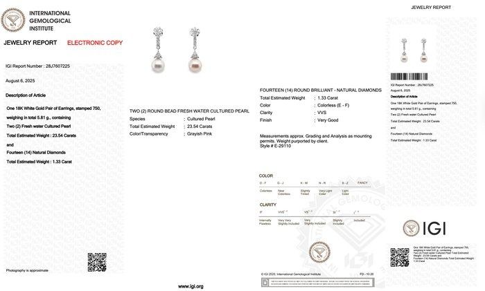 Dazzling 24.87ct Fresh Water Cultured Pearls and Diamonds Drop Earrings in 18k White Gold - IGI Certified