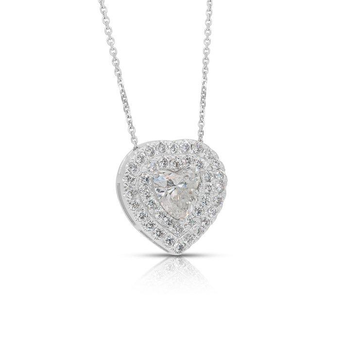 Dazzling 2.64ct Diamonds Necklace with Double Halo Heart Pendant in 14k White Gold - IGI Certified