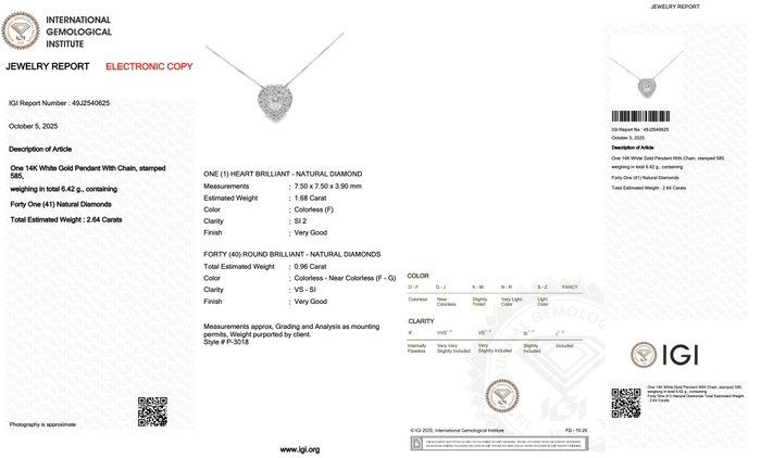 Dazzling 2.64ct Diamonds Necklace with Double Halo Heart Pendant in 14k White Gold - IGI Certified