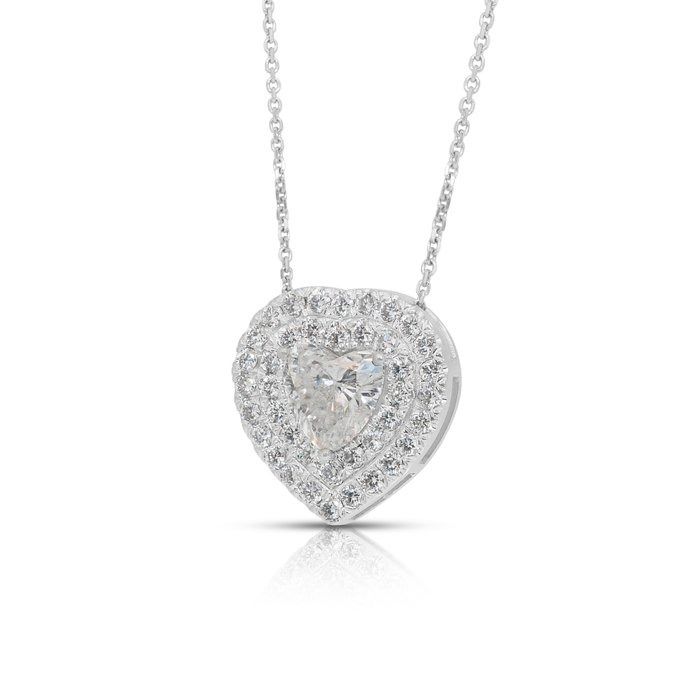 Dazzling 2.64ct Diamonds Necklace with Double Halo Heart Pendant in 14k White Gold - IGI Certified
