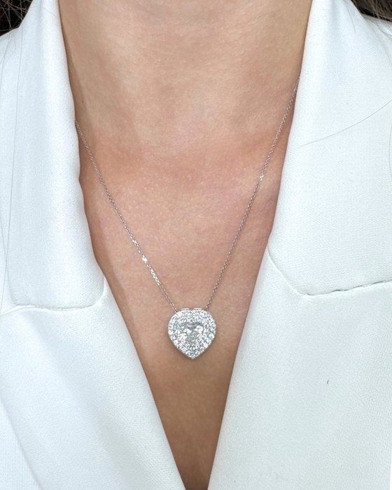 Dazzling 2.64ct Diamonds Necklace with Double Halo Heart Pendant in 14k White Gold - IGI Certified
