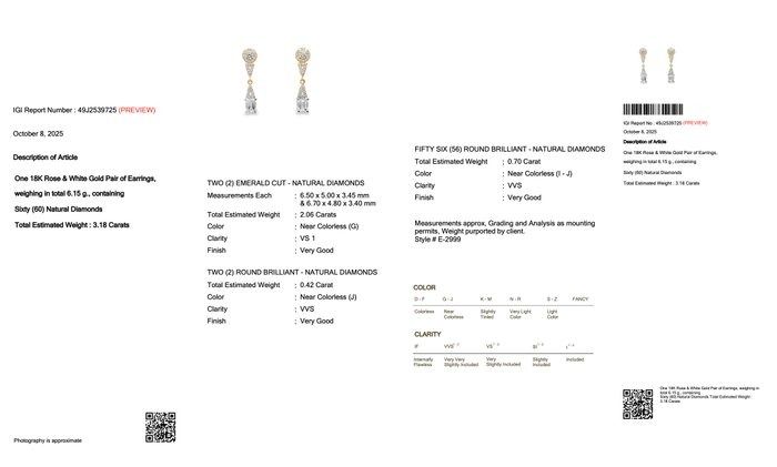 Dazzling 3.18ct Diamonds Drop Earrings in 18k White & Rose Gold - IGI Certified