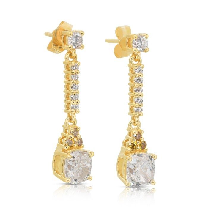 Dazzling 3.74ct Diamonds Drop Earrings in 18k Yellow Gold - IGI Certified