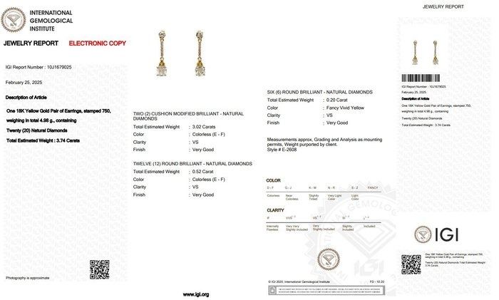 Dazzling 3.74ct Diamonds Drop Earrings in 18k Yellow Gold - IGI Certified